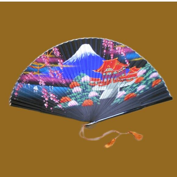 Japanese Folding Hand Fan Mount Fuji Cherry Blossoms Pagoda Hand Painted - Picture 1 of 9